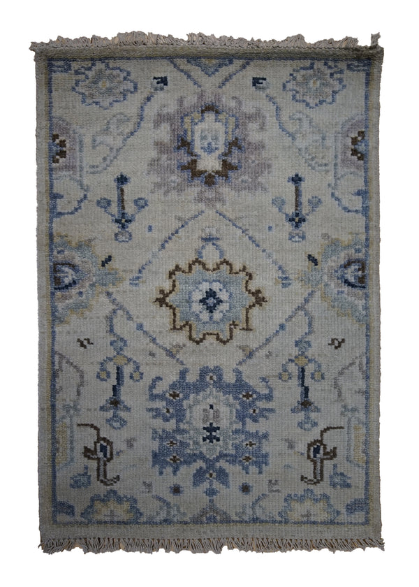 A32962 Oriental Rug Indian Handmade Area Transitional 2'0'' x 3'0'' -2x3- Whites Beige Blue Floral Oushak Design