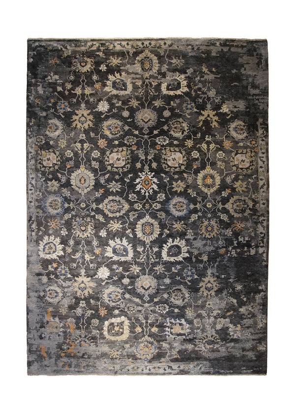 A32986 Oriental Rug Indian Handmade Area Transitional Modern 9'12'' x 13'10'' -10x14- Gray Yellow Gold Floral Oushak Erased Abstract Design