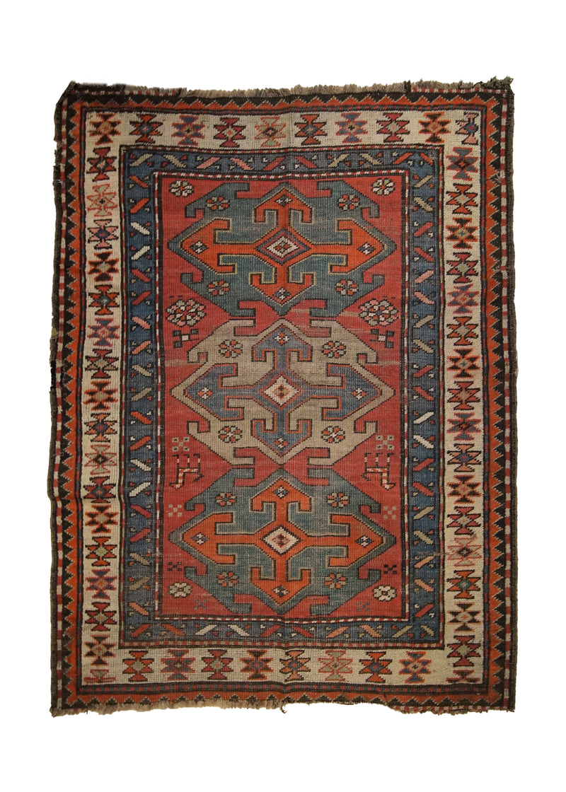 A33015 Caucasian Rug Kazak Handmade Area Tribal Antique 3'5'' x 4'5'' -3x4- Red Geometric Design