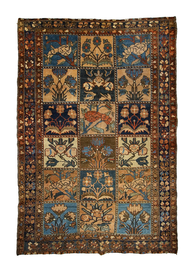 A33017 Persian Rug Bakhtiari Handmade Area Tribal Antique 4'4'' x 6'6'' -4x7- Brown Blue Garden Design