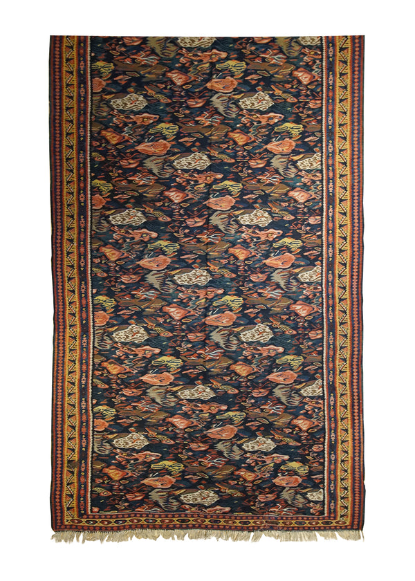 A33021 Persian Rug Bijar Handmade Area Traditional Antique 4'12'' x 12'7'' -5x13- Blue Yellow Gold Kilim Floral Design