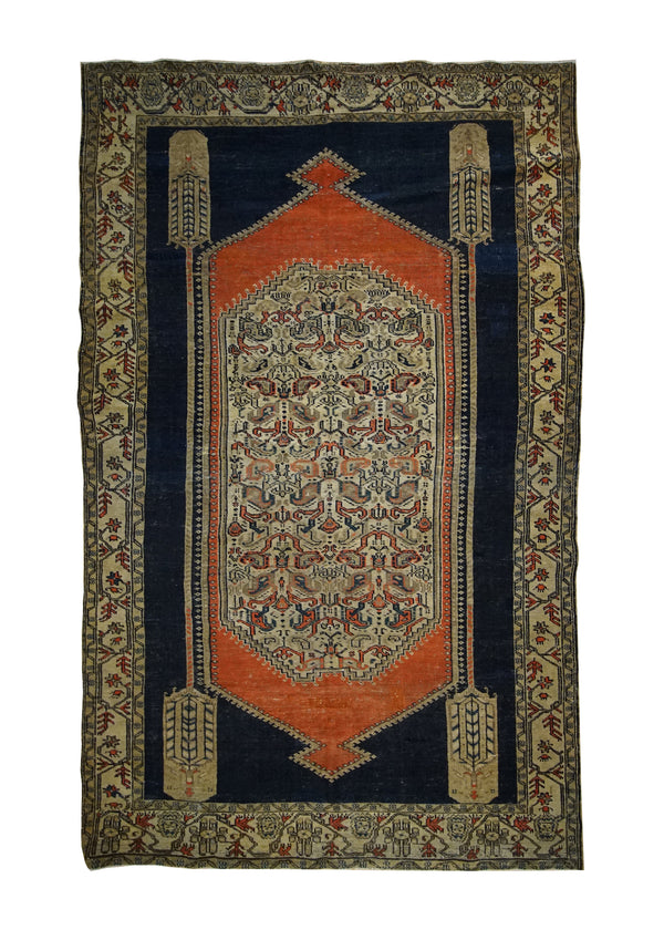 A33025 Persian Rug Sarouk Handmade Area Traditional Antique 3'10'' x 6'6'' -4x7- Blue Whites Beige Orange Geometric Design