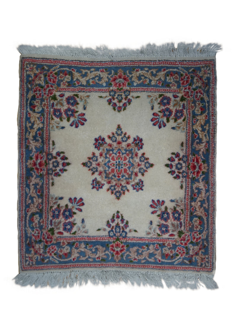 A33027 Persian Rug Kerman Handmade Square Traditional 2'11'' x 3'2'' -3x3- Whites Beige Blue Pink Open Field Design