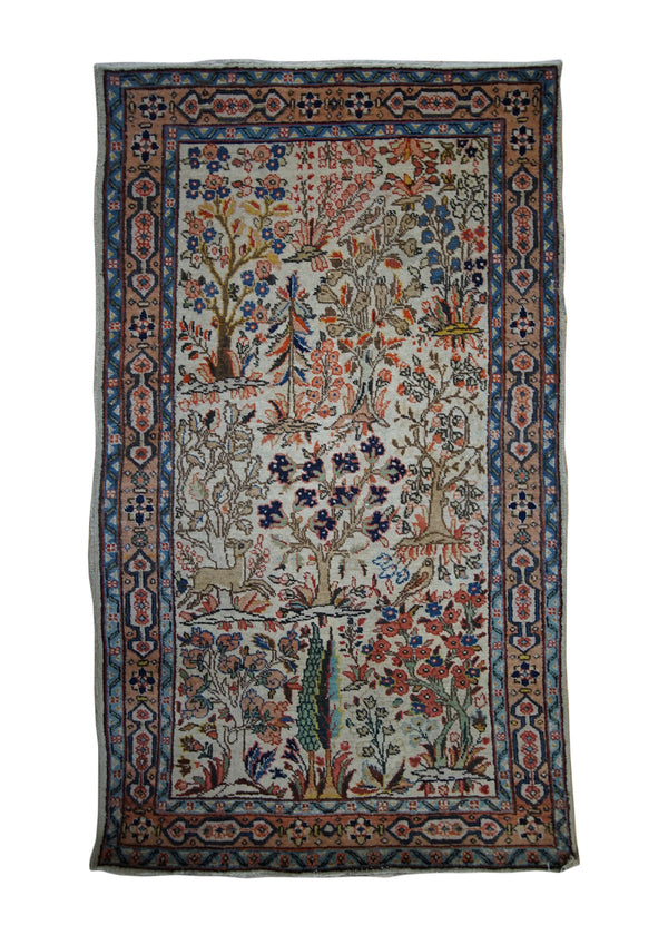 A33030 Persian Rug Moud Handmade Area Traditional 2'10'' x 4'9'' -3x5- Whites Beige Multi-color Blue Tree of Life Design
