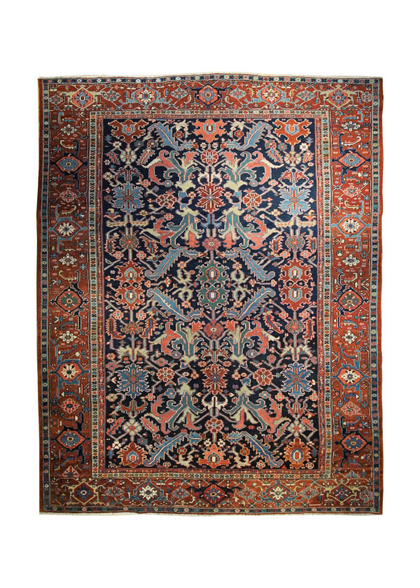 A33044 Persian Rug Heriz Handmade Area Tribal Antique 9'2'' x 11'9'' -9x12- Blue Red Geometric Design