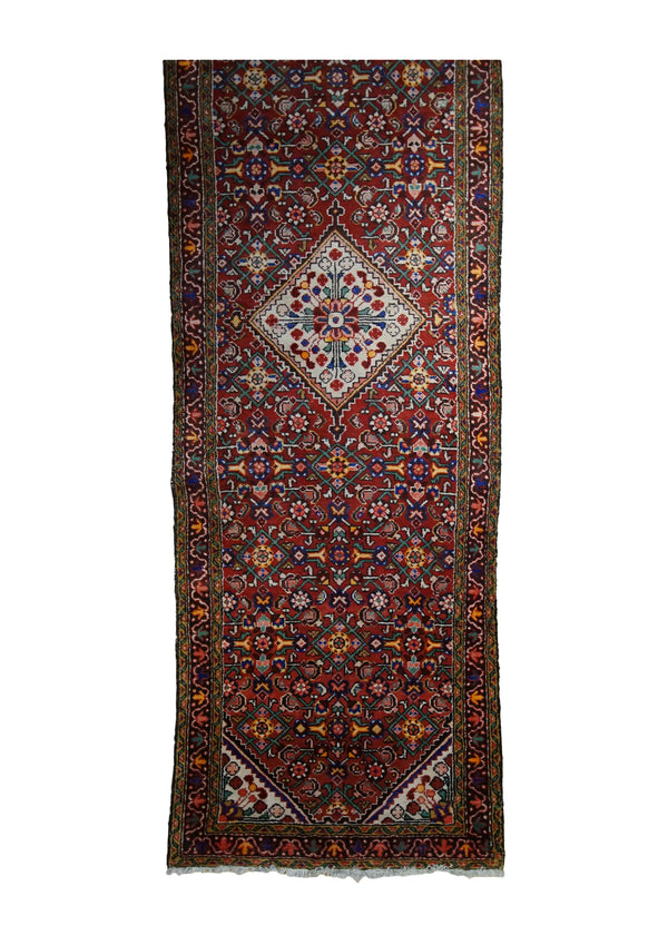 A33077 Persian Rug Hossein Abad Handmade Runner Tribal Vintage 3'3'' x 10'11'' -3x11- Red Geometric Design