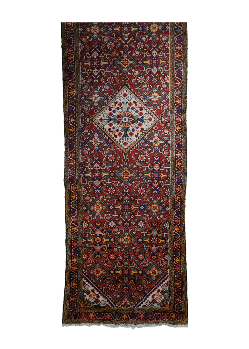 A33077 Persian Rug Hossein Abad Handmade Runner Tribal Vintage 3'3'' x 10'11'' -3x11- Red Geometric Design