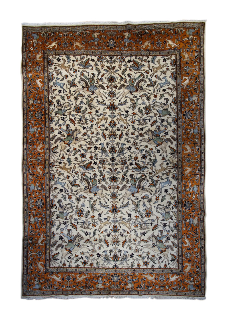 A33101 European Rug Handmade Area Traditional 5'11'' x 8'9'' -6x9- Whites Beige Orange Hunting Scene Design