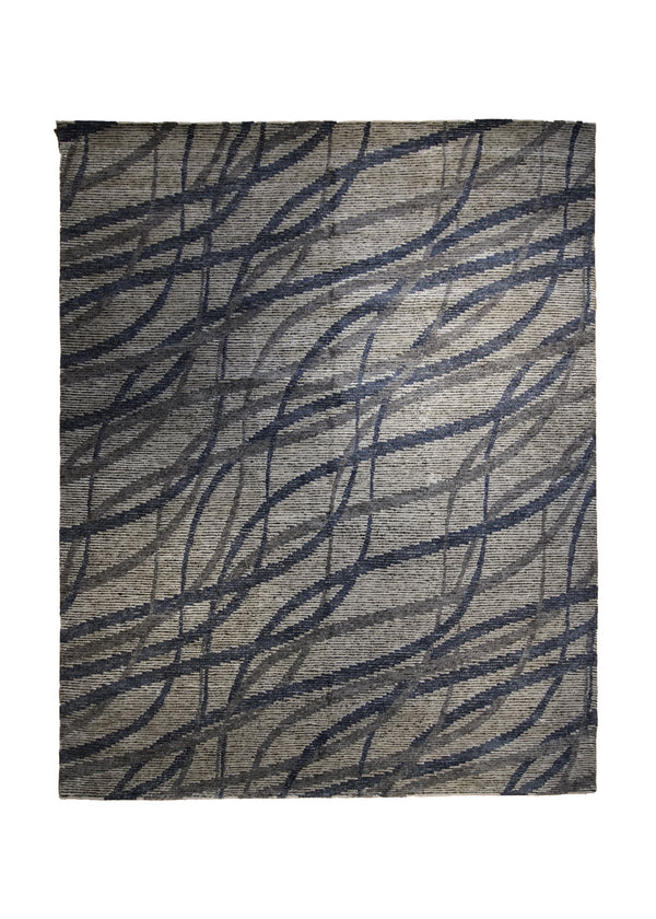A33107 Oriental Rug Indian Handmade Area Modern Neutral 8'1'' x 10'1'' -8x10- Whites Beige Blue Gray Stripes Design