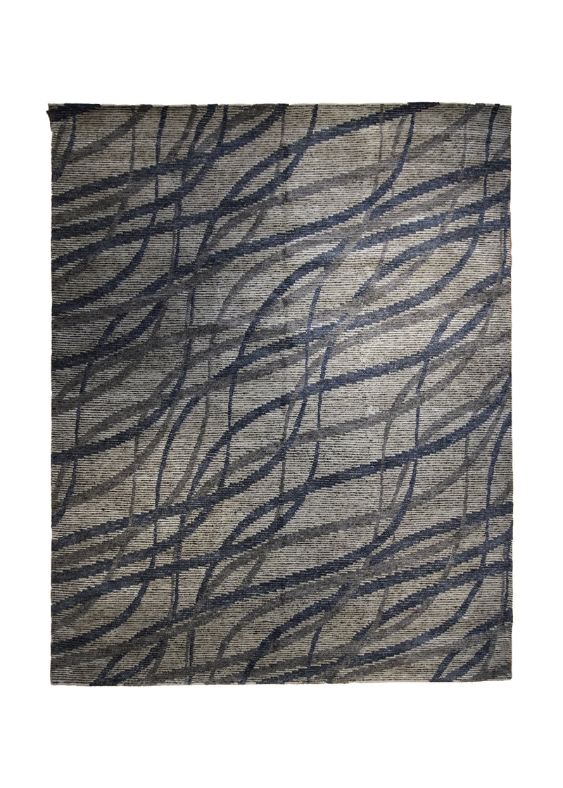 A33107 Oriental Rug Indian Handmade Area Modern Neutral 8'1'' x 10'1'' -8x10- Whites Beige Blue Gray Stripes Design