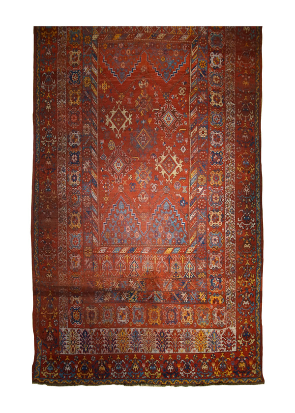 A33113 Oriental Rug Turkish Handmade Area Tribal Antique 6'8'' x 13'6'' -7x14- Red Oushak Geometric Design