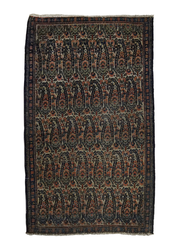 A33118 Persian Rug Senneh Handmade Area Antique Tribal 1'10'' x 3'0'' -2x3- Whites Beige Blue Paisley Boteh Design