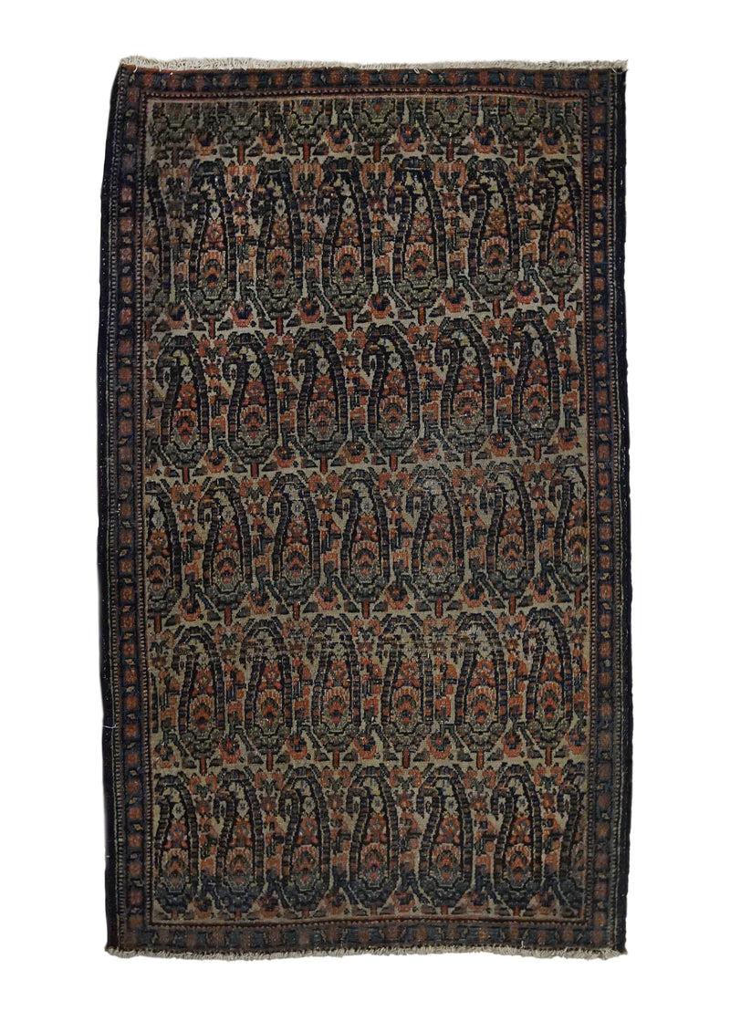 A33118 Persian Rug Senneh Handmade Area Antique Tribal 1'10'' x 3'0'' -2x3- Whites Beige Blue Paisley Boteh Design