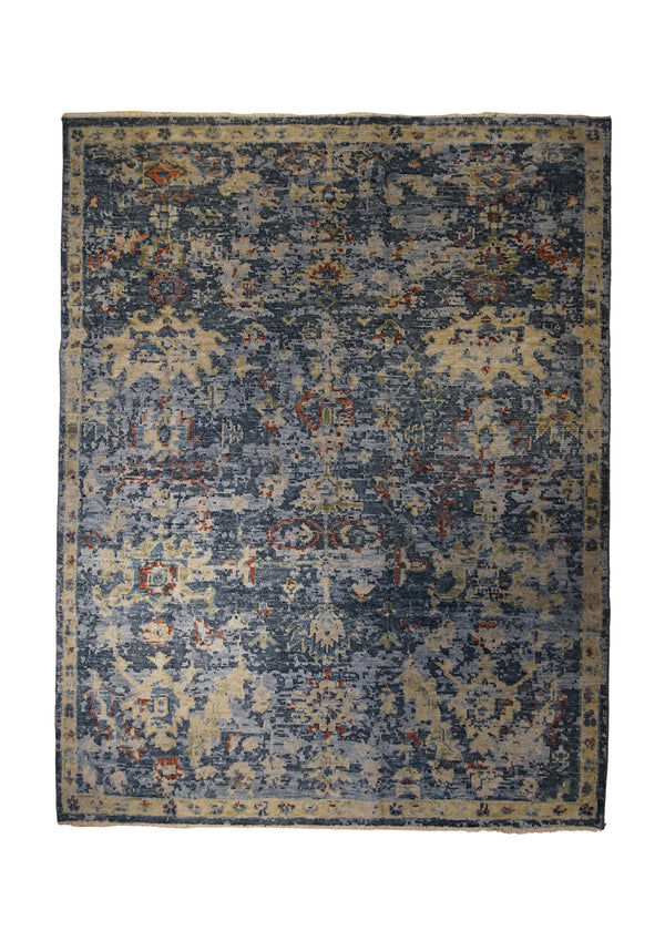 A33163 Oriental Rug Indian Handmade Area Transitional 8'1'' x 10'3'' -8x10- Blue Yellow Gold Red Floral Erased Abstract Design