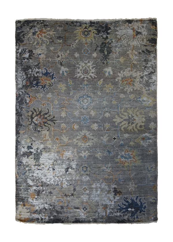 A33173 Oriental Rug Indian Handmade Area Modern 4'0'' x 5'9'' -4x6- Gray Floral Oushak Erased Abstract Design