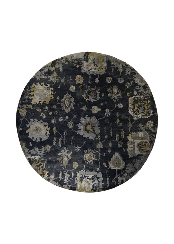 A33179 Oriental Rug Indian Handmade Round Transitional 7'12'' x 8'0'' -8x8- Black Gray Geometric Oushak Design