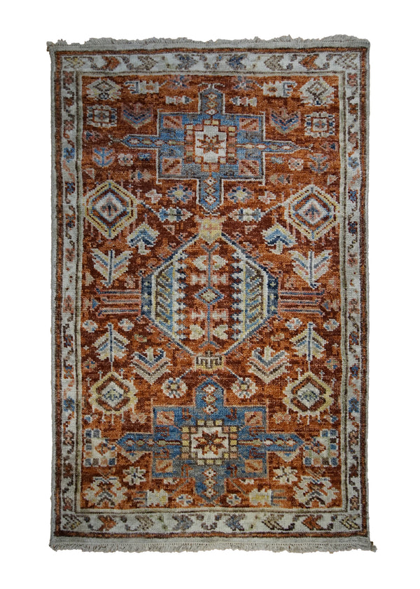 A33198 Oriental Rug Indian Handmade Area Transitional Tribal 3'11'' x 6'0'' -4x6- Red Geometric Kazak Design