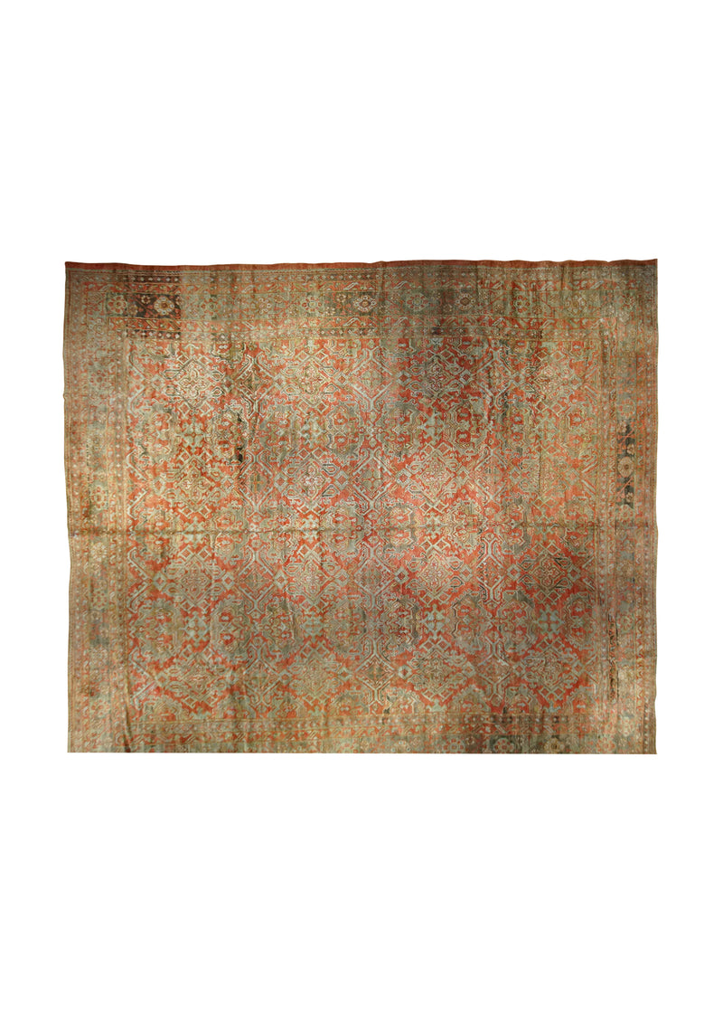 A33223 Oriental Rug Turkish Handmade Area Tribal Antique 15'9'' x 17'10'' -16x18- Red Brown Green Oushak Geometric Design