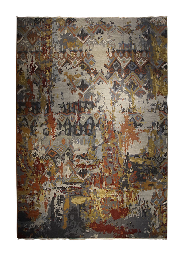A33226 Oriental Rug Indian Handmade Area Modern 11'9'' x 17'7'' -12x18- Whites Beige Red Yellow Gold Geometric Erased Abstract Design