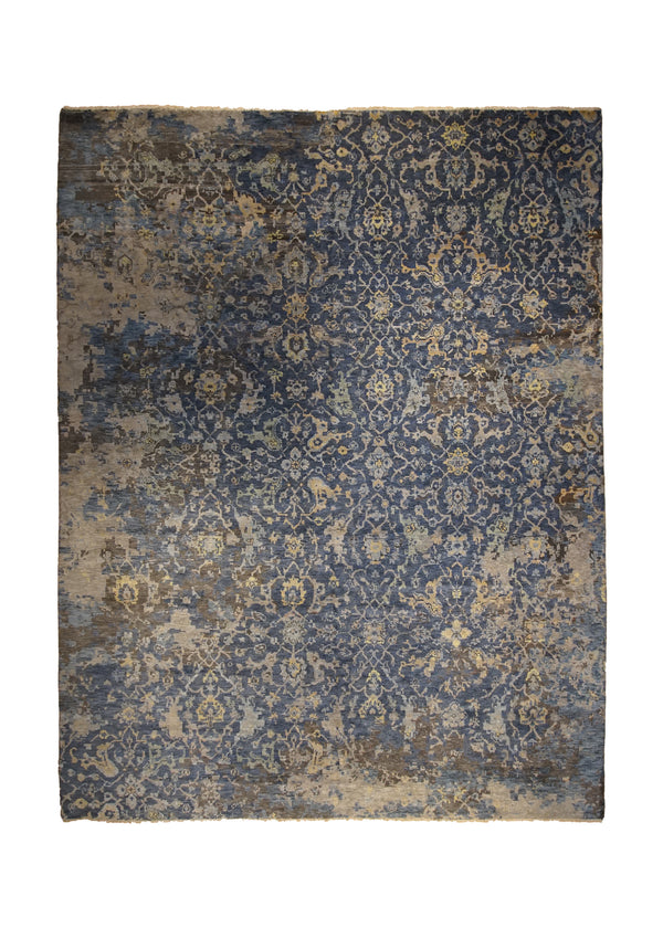 A33229 Oriental Rug Indian Handmade Area Modern 8'11'' x 11'9'' -9x12- Blue Gray Yellow Gold Floral Erased Abstract Design