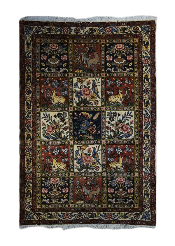 A33256 Persian Rug Bakhtiari Handmade Area Tribal 3'6'' x 5'2'' -4x5- Multi-color Red Garden Animals Design