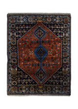 A33258 Persian Rug Yalameh Handmade Area Tribal 3'4'' x 4'2'' -3x4- Red Blue Geometric Design