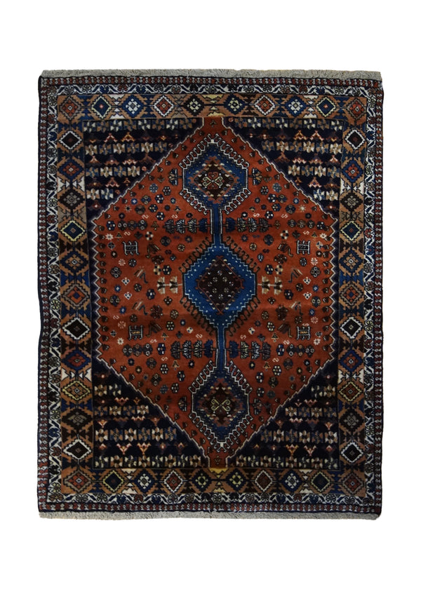 A33258 Persian Rug Yalameh Handmade Area Tribal 3'4'' x 4'2'' -3x4- Red Blue Geometric Design