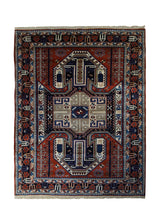 A33259 Persian Rug Quchan Handmade Area Tribal 4'2'' x 5'1'' -4x5- Red Blue Geometric Design