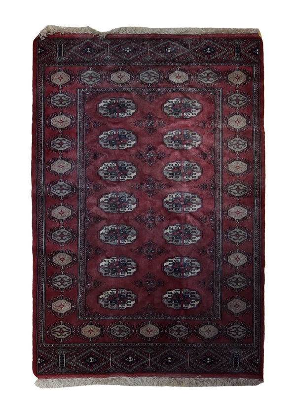 A33274 Persian Rug Turkmen Handmade Area Tribal 4'0'' x 5'11'' -4x6- Red Geometric Elephant Foot Bokhara Design