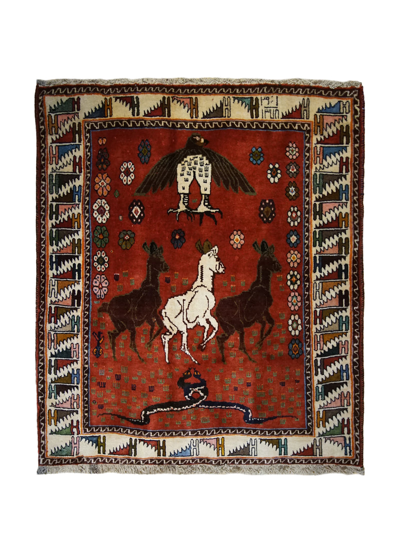 A33282 Persian Rug Yalameh Handmade Area Tribal 3'10'' x 4'4'' -4x4- Red Pictorial Design