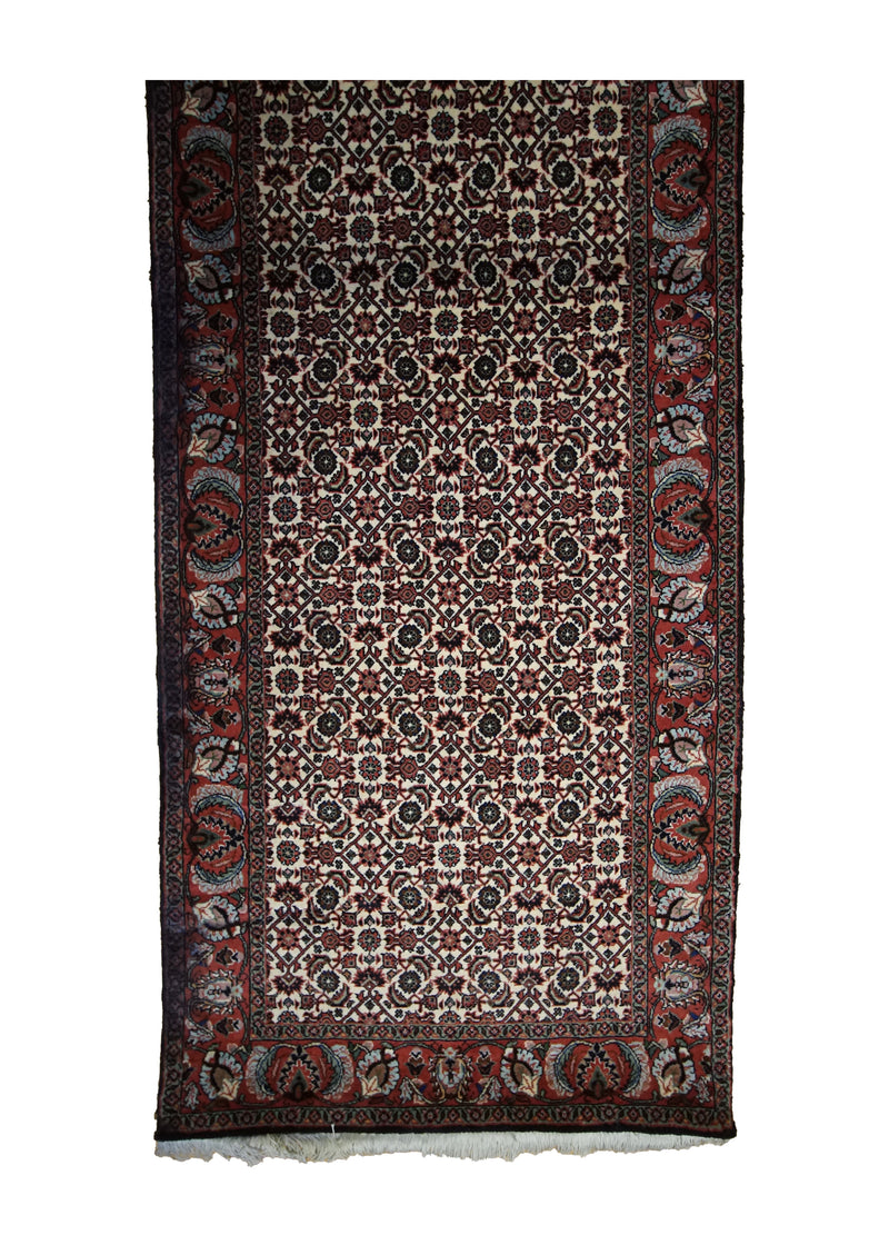 A33304 Persian Rug Bijar Handmade Runner Traditional 2'6'' x 9'9'' -3x10- Whites Beige Red Geometric Herati Design