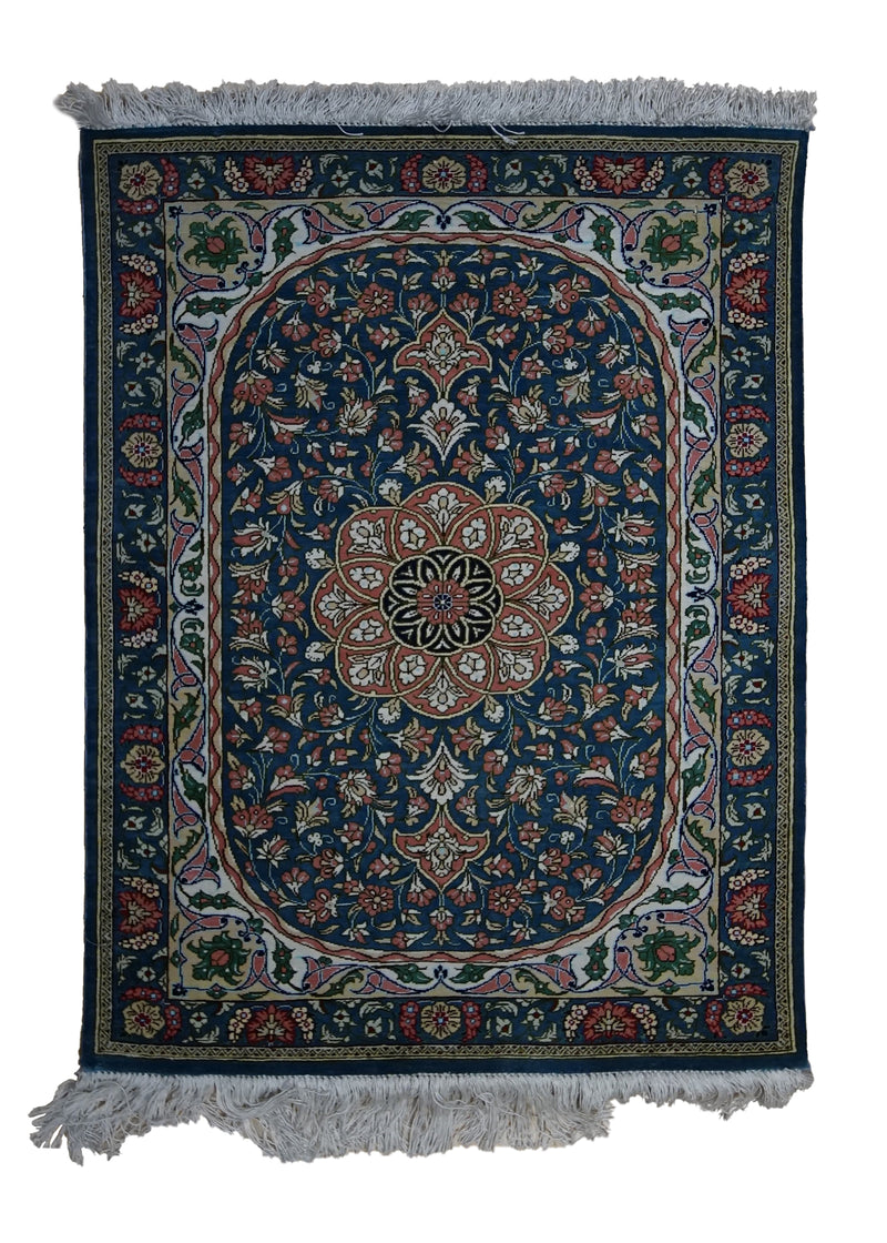 A33311 Persian Rug Qum Handmade Area Traditional 1'10'' x 2'5'' -2x2- Blue Orange Floral Design