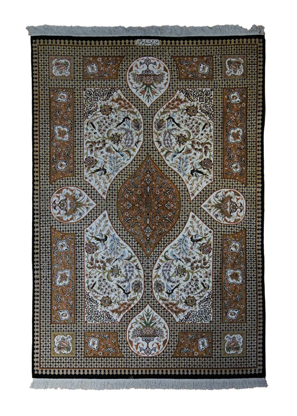 A33328 Persian Rug Qum Handmade Area Traditional 3'3'' x 4'9'' -3x5- Whites Beige Pink Black Garden Design