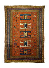 A33339 Caucasian Rug Kazak Handmade Area Tribal Antique 4'1'' x 5'9'' -4x6- Red Blue Yellow Gold Geometric Design