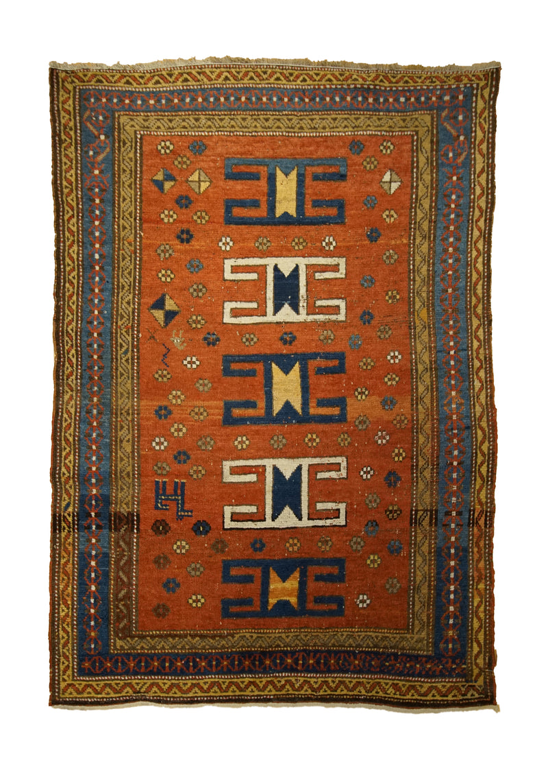 A33339 Caucasian Rug Kazak Handmade Area Tribal Antique 4'1'' x 5'9'' -4x6- Red Blue Yellow Gold Geometric Design