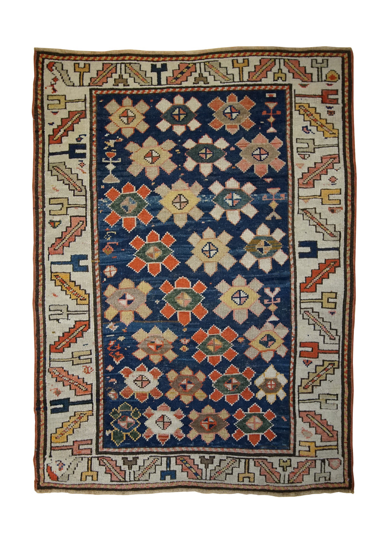 A33340 Caucasian Rug Kazak Handmade Area Tribal Antique 3'7'' x 6'3'' -4x6- Blue Yellow Gold Red Geometric Design