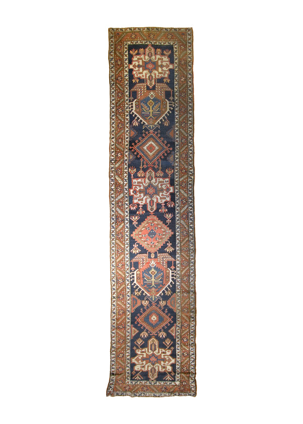 A33345 Caucasian Rug Shirvan Handmade Area Tribal Antique 3'3'' x 14'0'' -3x14- Blue Orange Geometric Design