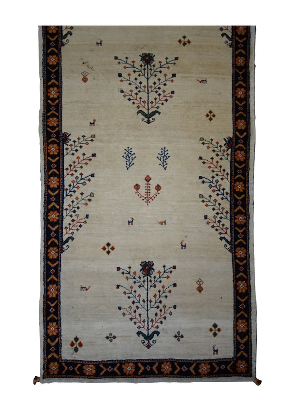 A33364 Persian Rug Gabbeh Handmade Runner Tribal 2'8'' x 6'10'' -3x7- Whites Beige Blue Tree of Life Design
