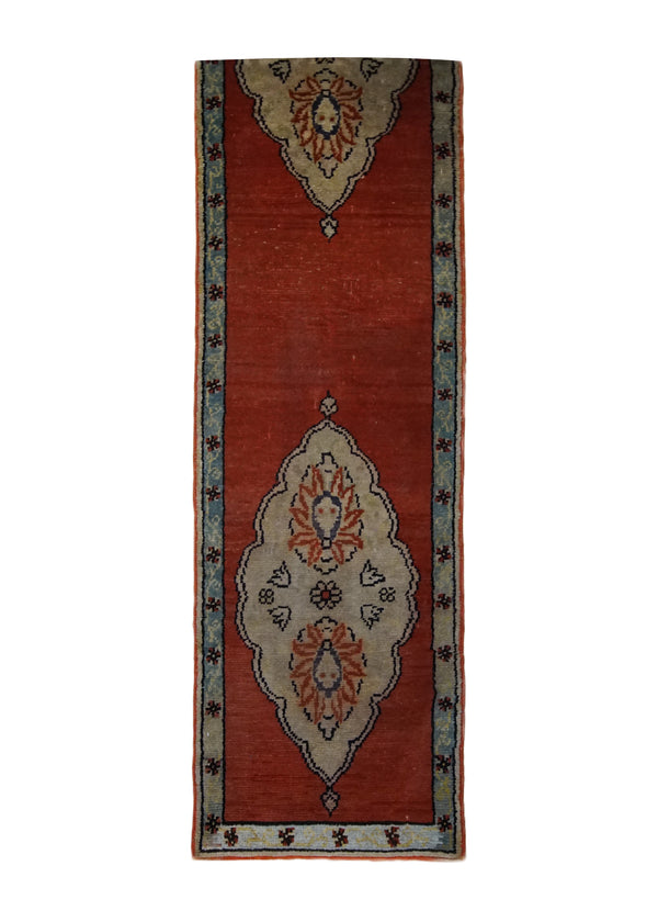 A33370 Oriental Rug Turkish Handmade Runner Tribal 1'5'' x 10'6'' -1x11- Red Whites Beige Geometric Open Field Design