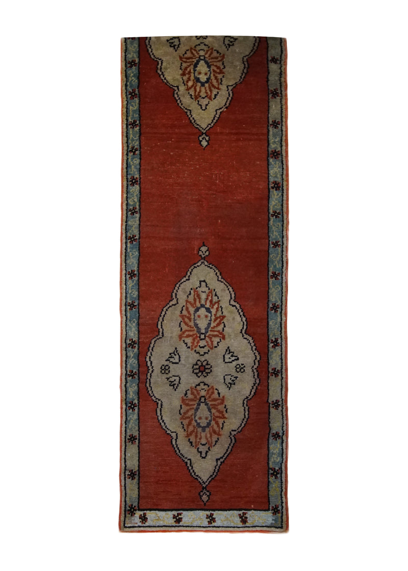 A33370 Oriental Rug Turkish Handmade Runner Tribal 1'5'' x 10'6'' -1x11- Red Whites Beige Geometric Open Field Design