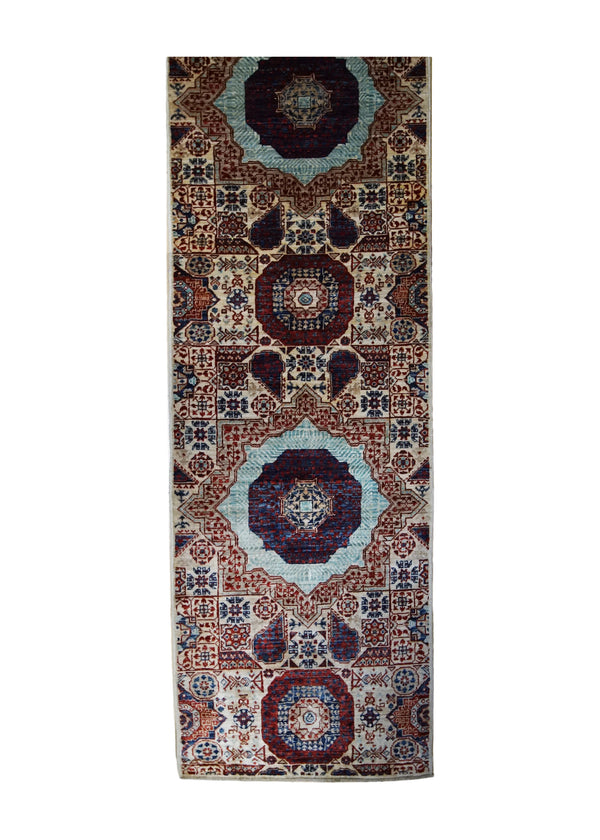 A33379 Oriental Rug Pakistani Handmade Runner Transitional Tribal 2'5'' x 17'4'' -2x17- Whites Beige Blue Red Mamluk Geometric Design