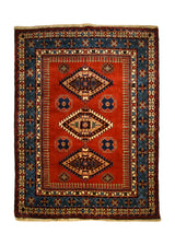 A33399 Persian Rug Yalameh Handmade Area Tribal 4'10'' x 6'5'' -5x6- Red Blue Geometric Design