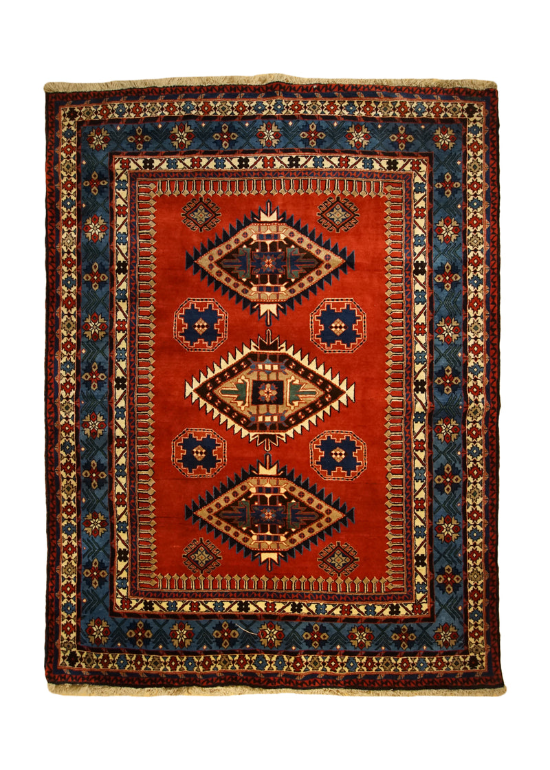 A33399 Persian Rug Yalameh Handmade Area Tribal 4'10'' x 6'5'' -5x6- Red Blue Geometric Design