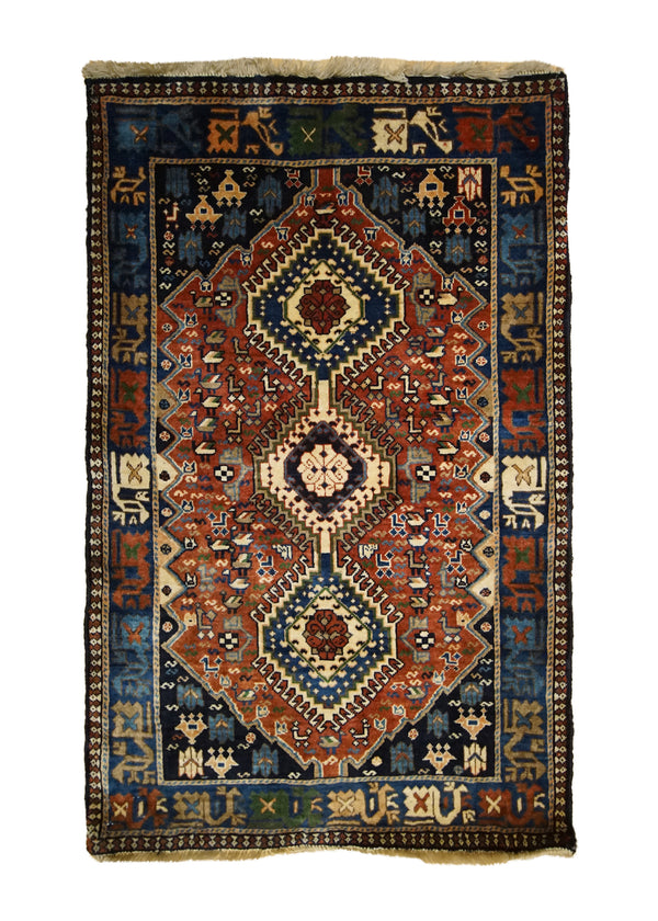 A33407 Persian Rug Yalameh Handmade Area Tribal 2'8'' x 4'2'' -3x4- Red Blue Geometric Design