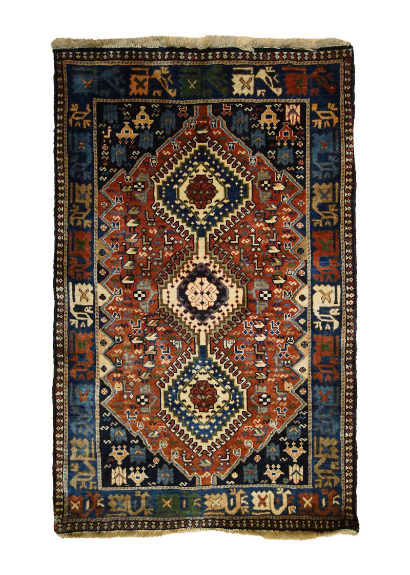 A33407 Persian Rug Yalameh Handmade Area Tribal 2'8'' x 4'2'' -3x4- Red Blue Geometric Design