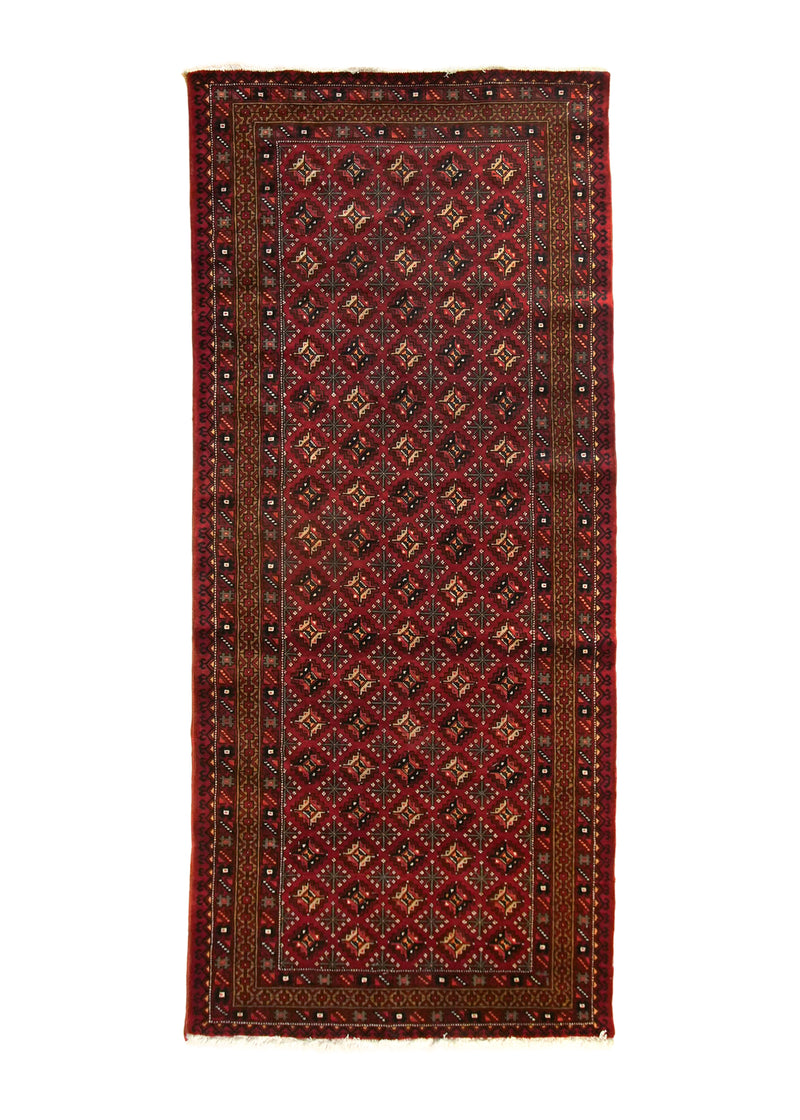 A33412 Persian Rug Baloch Handmade Runner Tribal 4'5'' x 10'1'' -4x10- Red Geometric Design.jpg