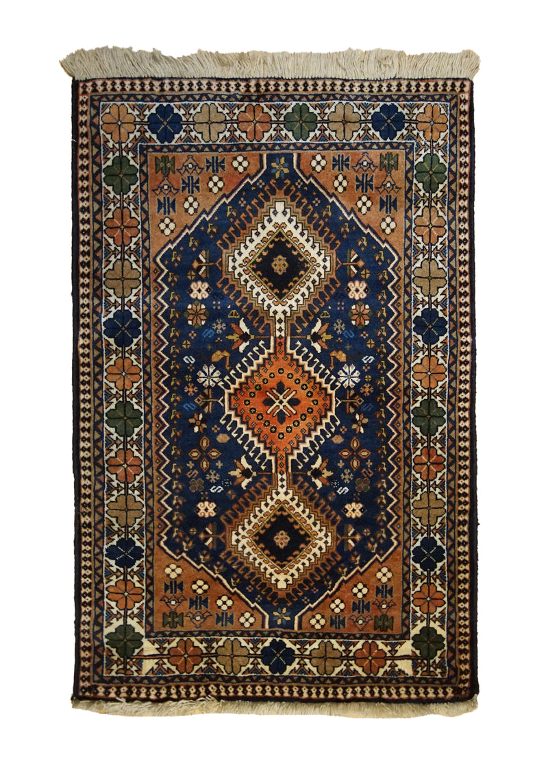 A33419 Persian Rug Yalameh Handmade Area Tribal 2'8'' x 4'0'' -3x4- Blue Whites Beige Red Geometric Design
