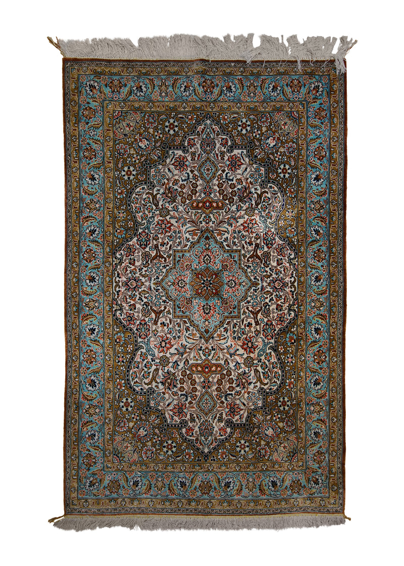 A33430 Persian Rug Qum Handmade Area Traditional 3'6'' x 5'8'' -4x6- Yellow Gold Blue Floral Design