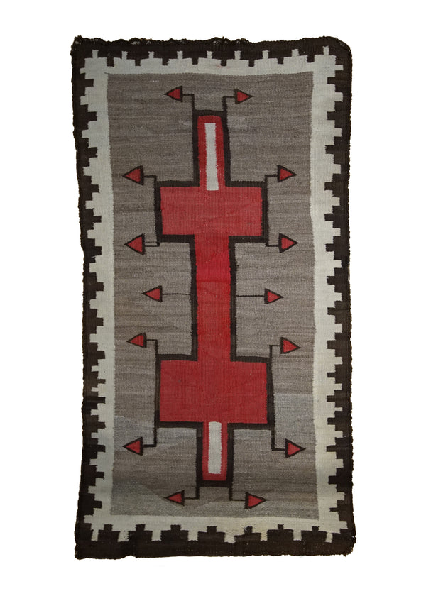 A33495 Native American Rug Navajo Handmade Area Antique 2'8'' x 5'0'' -3x5- Gray Whites Beige Red Storm Geometric Design