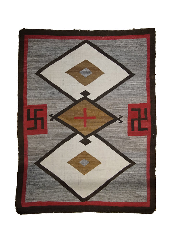 A33496 Native American Rug Navajo Handmade Area Antique 3'9'' x 5'2'' -4x5- Gray Brown Red Geometric Design